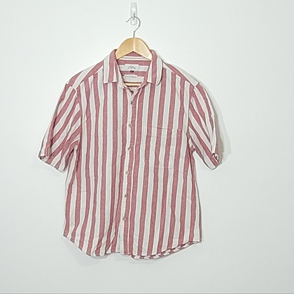KOAJ Men's Red White Stripes 100% Cotton Button Down Casual Slim Shirt Sz Medium